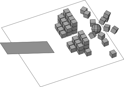 3D Ball hitting a pile of boxes clipart