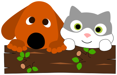 A dog and a cat behind a tree trunk clipart