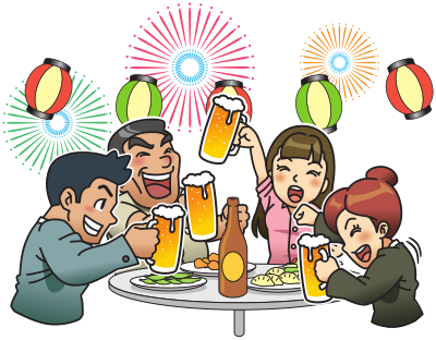 Beer garden / party with fireworks and lanterns clipart
