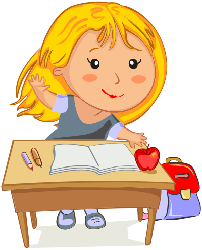 Blonde Girl Raising Her Hand Sitting At Her Desk In School clipart