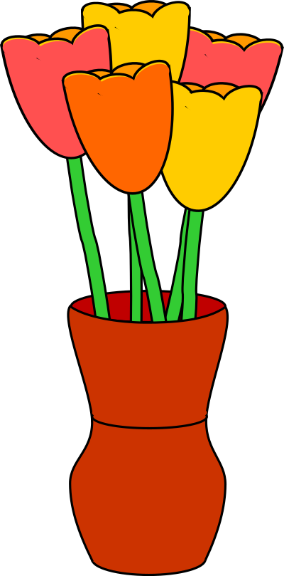 Brown vase with multicolored tulips clipart