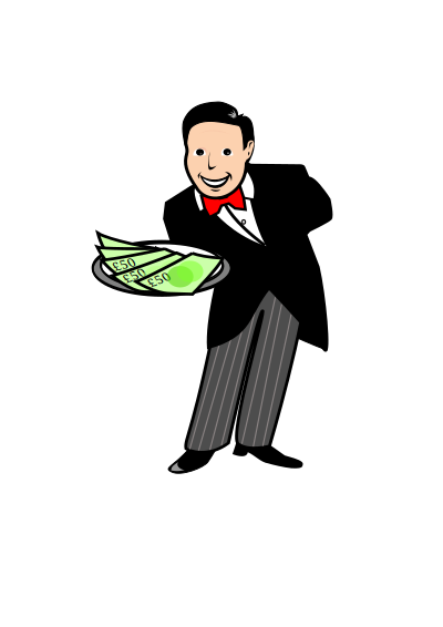 Butler / Waiter Giving a Plate of Cash clipart