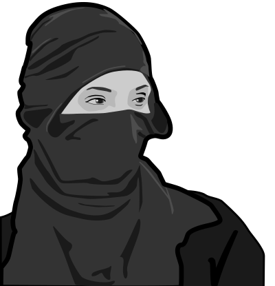 B&W image of a woman wearing a t-shirt as a balaclava clipart