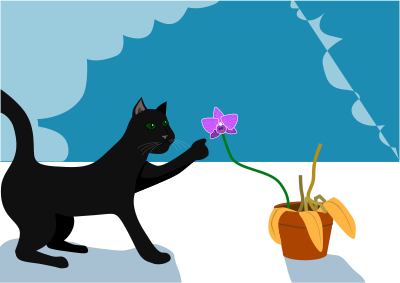 Cat playing with an orchid clipart