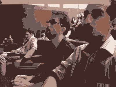 Christopher and Bassel watching Lessig Speak clipart