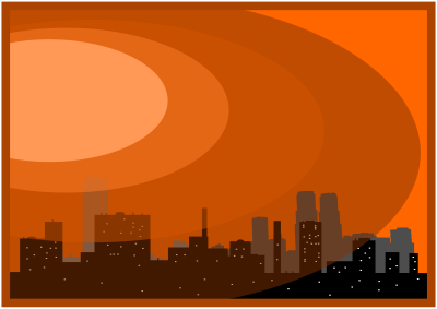 Città al tramonto con foschia. Sunset city with mist. clipart