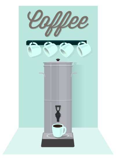 Coffee Percolator, Cups, and Sign clipart