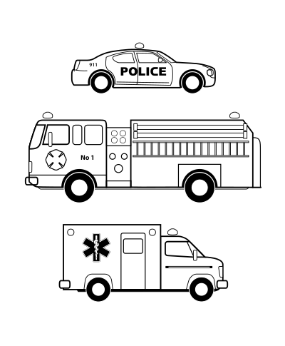 Emergency vehicles black and white clipart