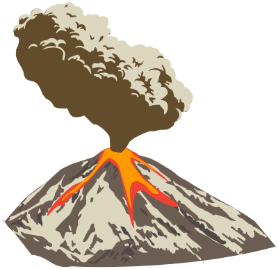 Erupting volcano with ash plume and lava flow clipart