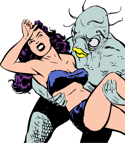 Fish creature kidnapping a screaming woman clipart