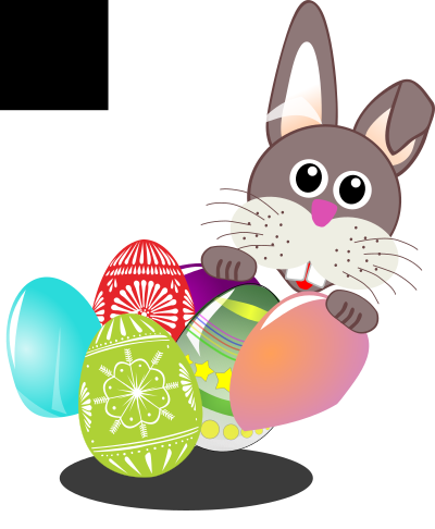 Funny bunny face with Easter eggs in a basket clipart