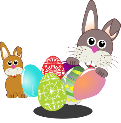 Funny bunny face with Easter eggs in a basket with baby rabbit clipart