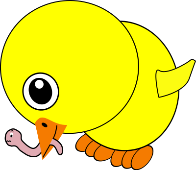 Funny Chick Eating Earthworm Cartoon clipart