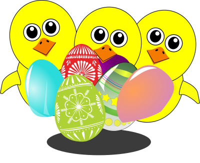 Funny Chicks Cartoon with Easter eggs in a basket clipart