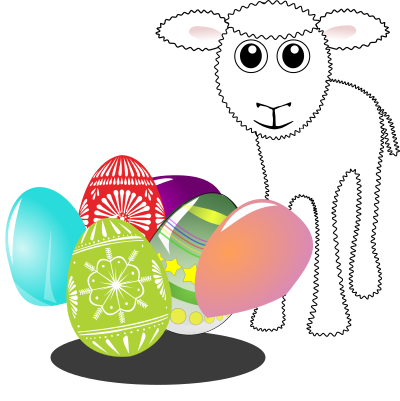Funny lamb with Easter eggs in a basket clipart