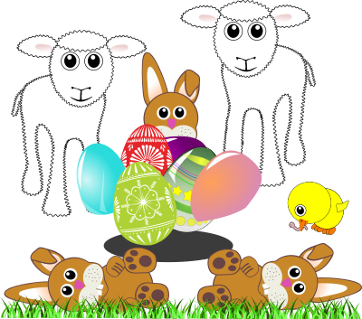 Funny lambs, bunnies and chick with Easter eggs in a basket clipart