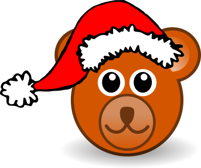 Funny teddy bear face brown with Santa Claus hat clipart