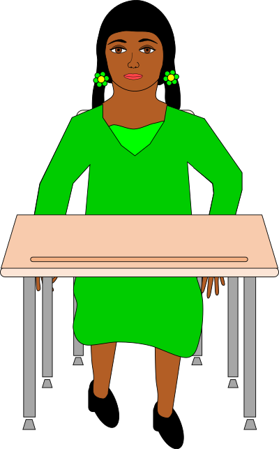 Girl in pigtails sitting at student desk clipart