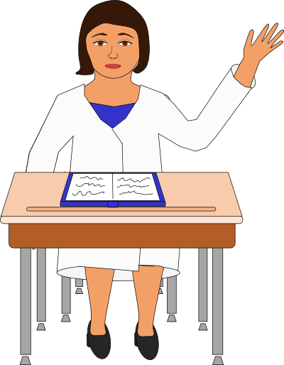 Girl raising her hand at a desk clipart
