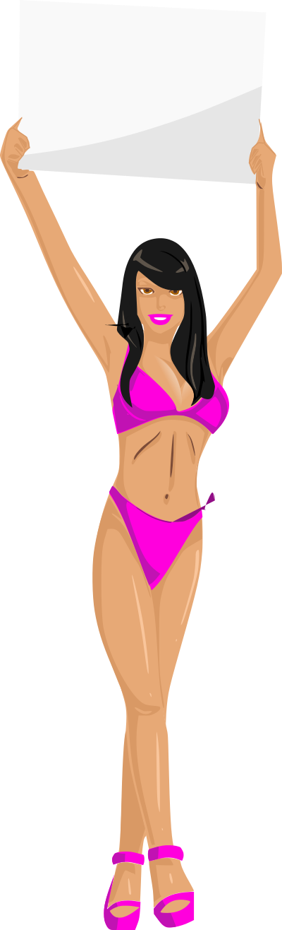 Girl with sign (pink bikini, black hair, light skin) clipart