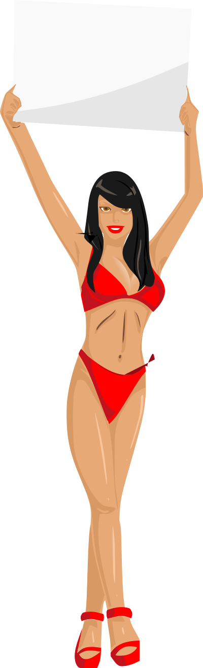 Girl with sign (red bikini, black hair, light skin) clipart