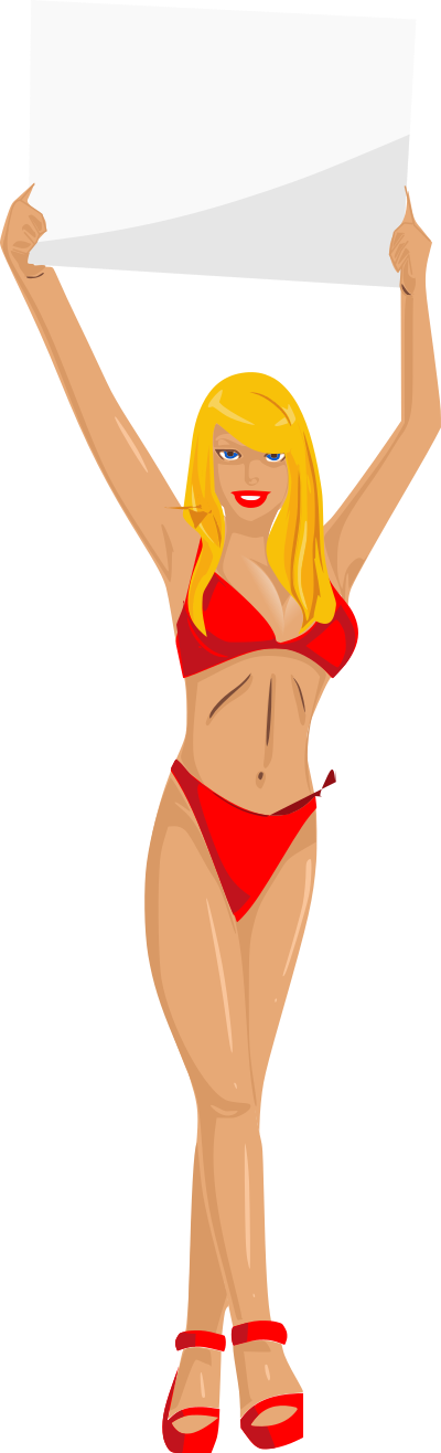 Girl with sign (red bikini, blonde hair, light skin) clipart
