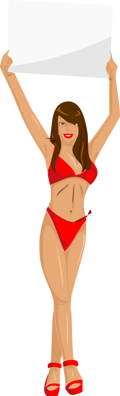 Girl with sign (red bikini, brown hair, light skin) clipart