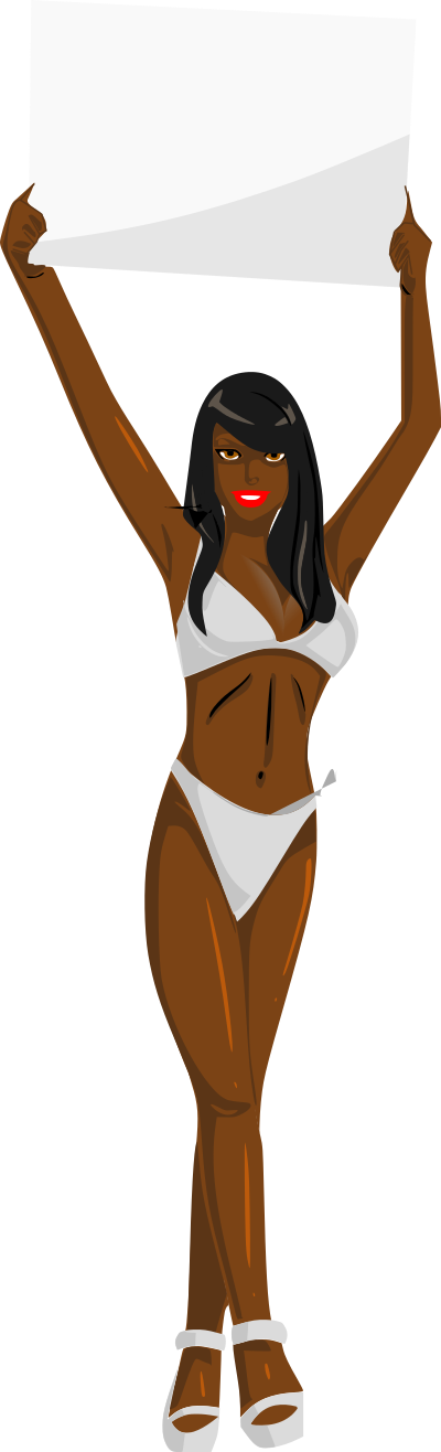 Girl with sign (white bikini, black hair, dark skin) clipart