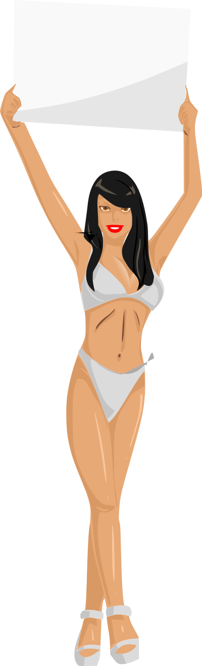 Girl with sign (white bikini, black hair, light skin) clipart