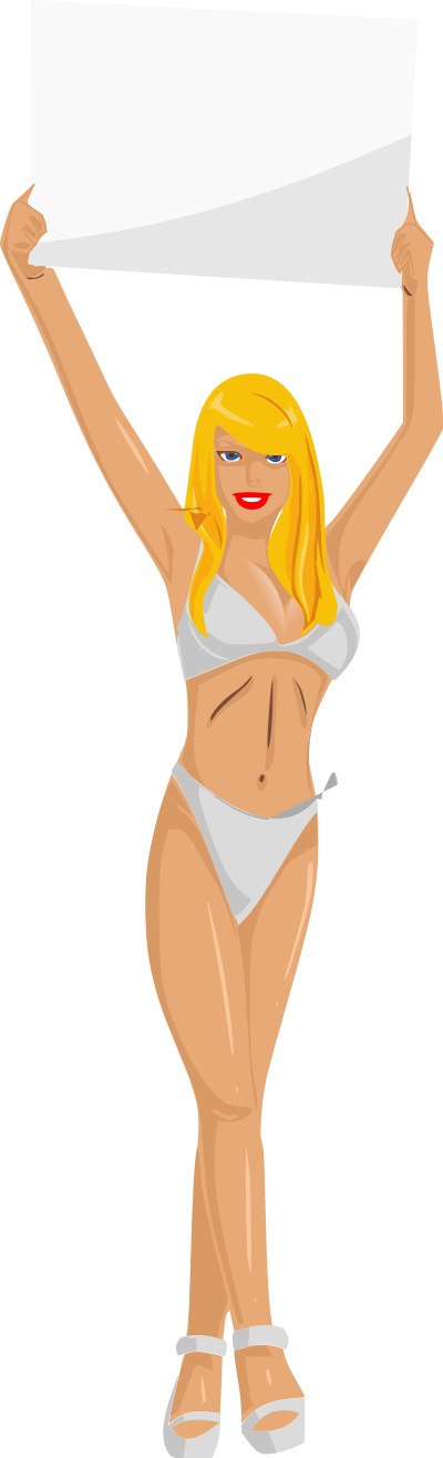 Girl with sign (white bikini, blonde hair, light skin) clipart