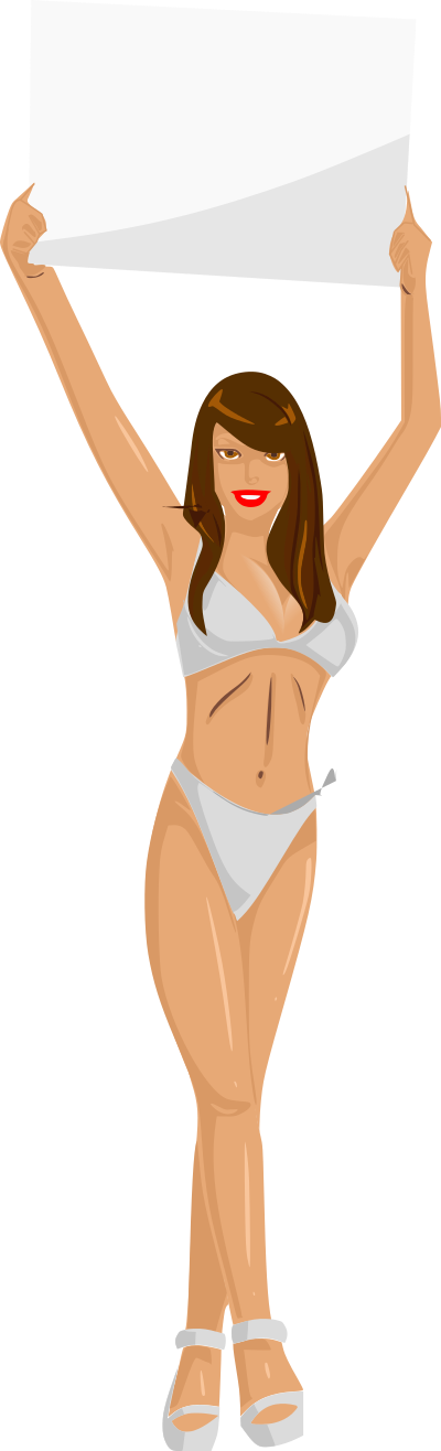 Girl with sign (white bikini, brown hair, light skin) clipart