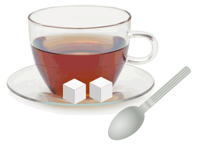 Glass cup with glass saucer, spoon and sugar cubes clipart