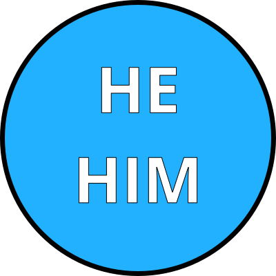 He / him male pronouns round bright blue badge clipart