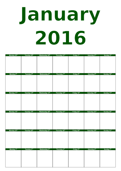 January calendar 2016 clipart