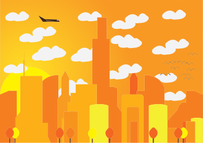 Jet Flying Over City Landscape clipart
