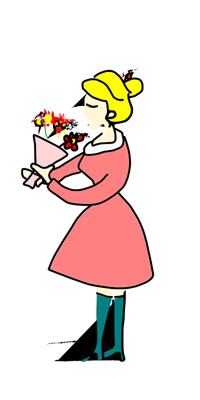 Lady smells a bunch of flowers clipart