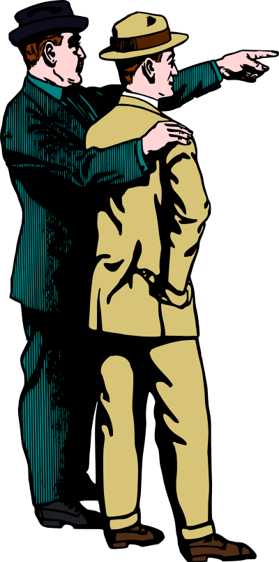 Man in hat pointing, blue and brown clipart