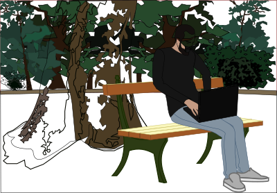 Man on a bench at the park with a laptop clipart