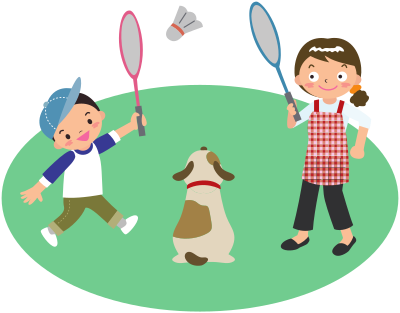 Mother plays badminton with son and dog clipart