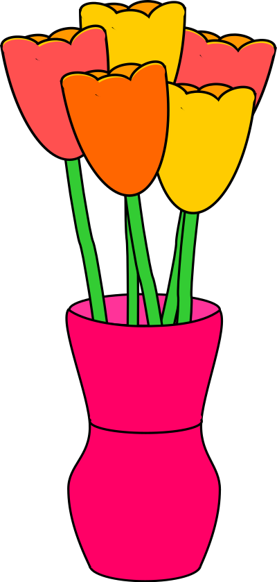 Pink vase of multicolored tulips clipart