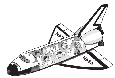 Space shuttle with kids floating inside it clipart