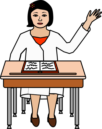 Student raising her hand at destk clipart