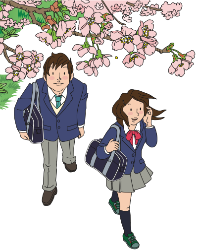 Students and Cherry blossoms clipart