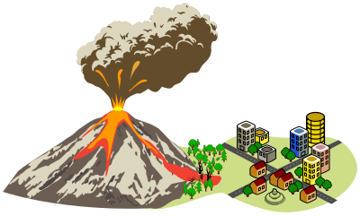 Volcano erupting near the city clipart