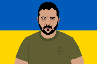 Volodymyr Zelenskyy with Ukrainian Flag Background clipart