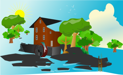 Watermill in landscape - square clipart