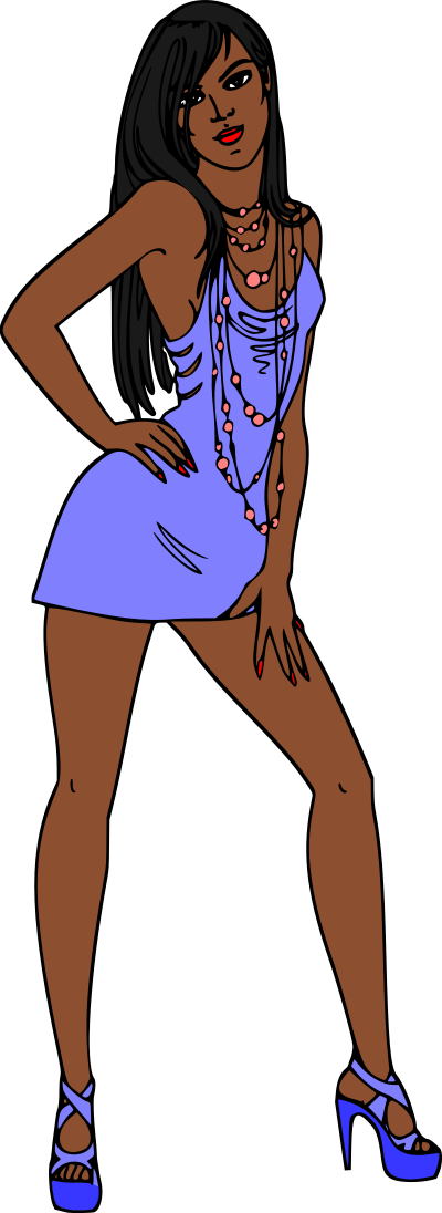 Woman in short blue dress (black hair, dark skin) clipart
