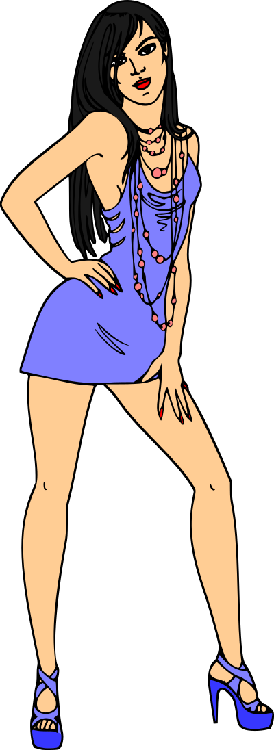 Woman in short blue dress (black hair, light skin) clipart