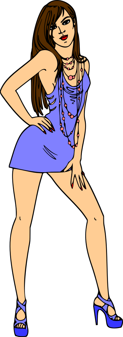 Woman in short blue dress (brown hair, light skin) clipart