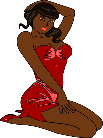 Woman kneeling (dark skin, red dress, black hair) clipart
